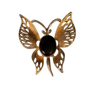 Butterfly Brooch Pin Gold Tone Black Lucite Cabochon Belly VTG Open Work Insect